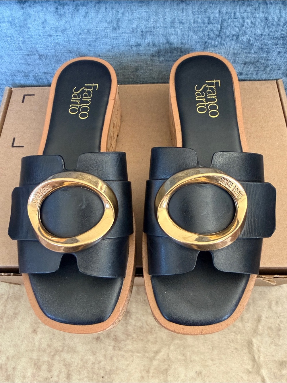 Franco Sarto Black Hoda Cork Platform Slide Sandals Size 6.5